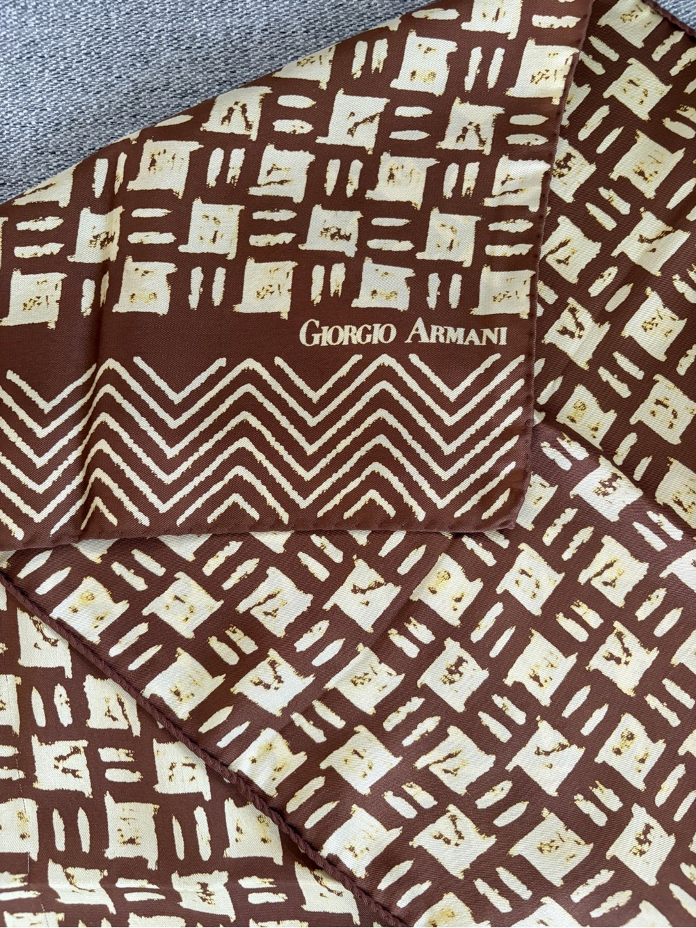 Vintage Giorgio Armani Brown and Cream Geometric Silk Scarf